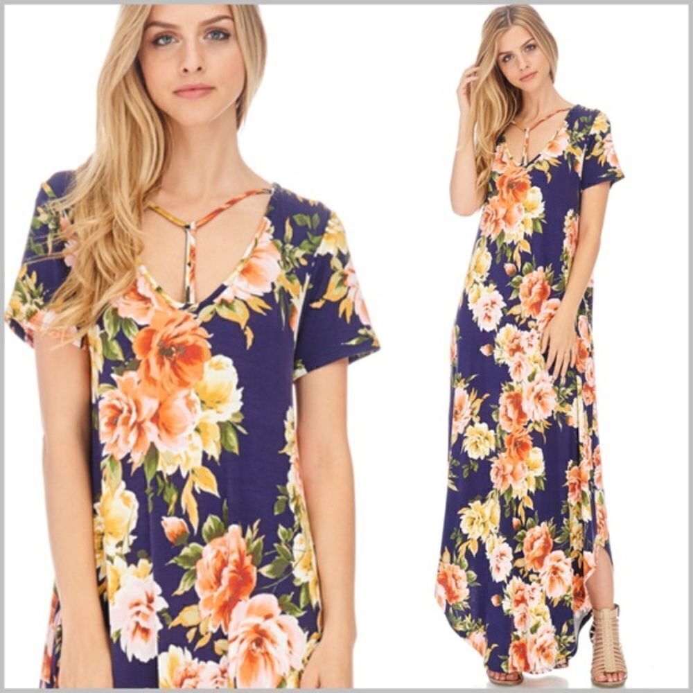 Navy Floral Pocket Maxi Dress